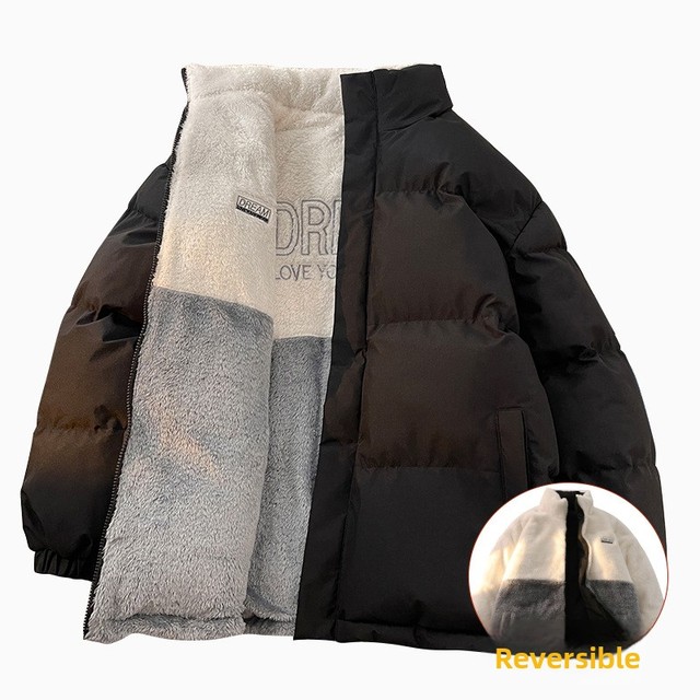 Men's Casual Double-Sided Wear Lamb Fleece Jacket Winter Reversible Warm Thick Puffer Jacket Stand Collar Couples Padded Coat