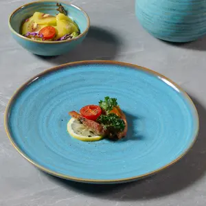Yayu produsen grosir piring sup dalam jumlah besar perubahan glasir berwarna biru untuk restoran piring keramik piring porselen