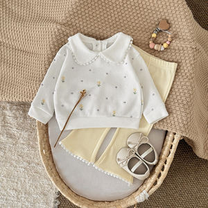 Lässige Frühlings-Herbst-Blumen stickerei im koreanischen Stil Strick anzug Damen-Revers Langärmlige Schlag hose Zweiteilige Kammgarn - Product Image 5