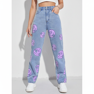 Jeans Casuales de Alta Calidad para Mujer, Pantalones con Estampado de Sonrisa, Lavado Claro Personalizado, Diseño de Dibujos Animados, Jeans de Pierna Recta para Mujer - Product Image 1