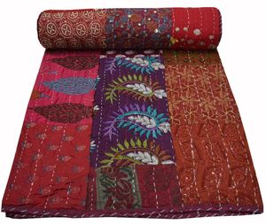 Handmade Patchwork <b>Quilt</b> Cotton Embroidered Bohemian Style All Season Home Decor Red Purple <b>Floral</b> Pattern - Product Image 3