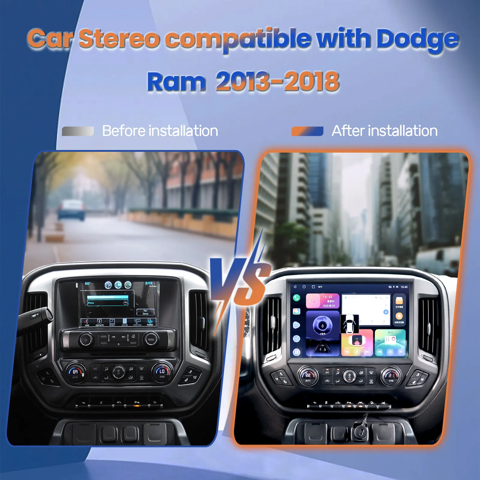 Unidade de rádio para carro Carplay Navigation Android, reprodutor multimídia automático simples e macio de 13,1 polegadas para Chevrolet Silverado GMC 2014-2018