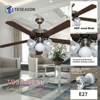 Ventilateur de plafond 52 pouces TS52-5C5L AC/DC avec commande par cordon, 5 douilles E27, pales en bois MDF, finition décorative