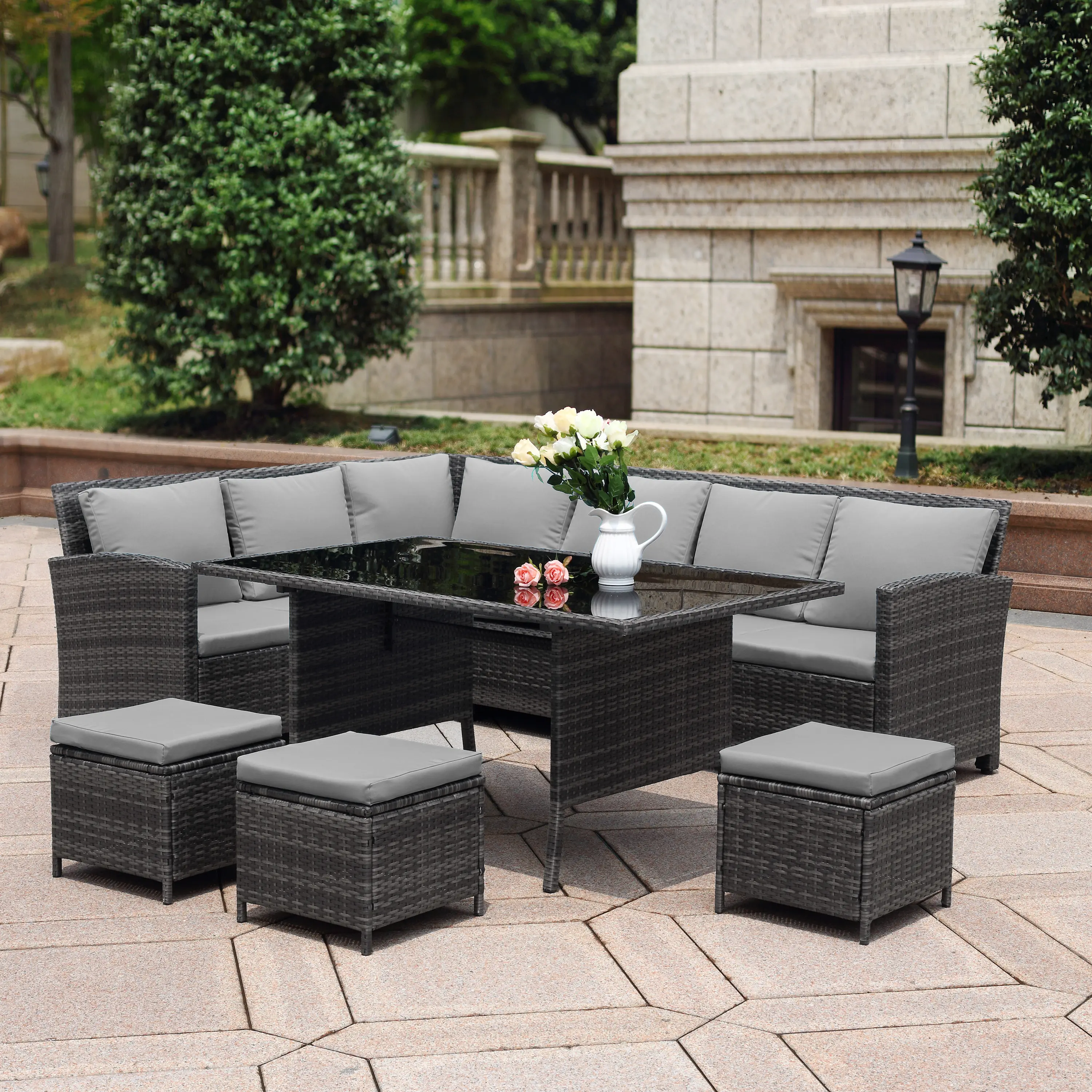 Conjunto de sofá de metal em rattan, armação para sofá e móveis de 2 anos em formato de pe, decoração para jardim e móveis para áreas externas de luxo