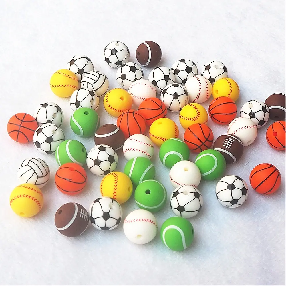 Hot 15mm Food Grade DIY Football Silicone Beads Volleyball Baseball Silicone Beads for Pacifer Chain Wristband Necklace