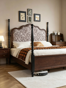 Traditional Upholstered Wooden Bed Frame Queen Size Mahogany Fabric Soft Bed with Patterned Headboard - Product Image 2