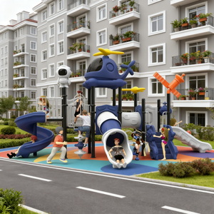 Structure de jeu extérieure durable sur le thème de l'aviation spatiale, avec structure en acier, toboggans en tubes PVC et maisonnette, pour écoles et parcs d'attractions - Product Image 1