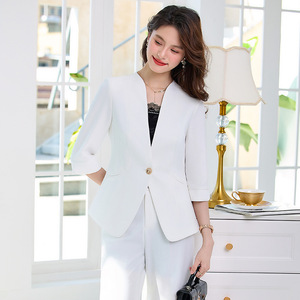 Women's Suit Set Pink White Three Quarter Sleeve Satin Blazer Pants Office Lady Work Wear Anti-Wrinkle Professional Style - Product Image 4