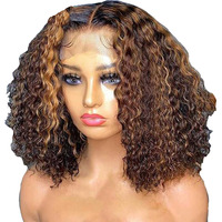 Perruques Courtes Bob Bouclées Ondulées avec Dentelle Frontale, Cheveux Remy Brun Clair, Couleur Mèches, Coupe Droite, pour Femmes Noires - Vente en Gros