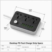 Cable de Extensión con Enchufe Schuko Europeo de 3 Vías y Logotipo Personalizado al por Mayor, con 5 USB y 1 Tipo C PD de Carga Rápida, Enchufe Universal con Certificación CE