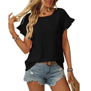 Colección Primavera Verano, Camiseta Holgada de Manga Corta con Mangas de Pétalo para Mujer, Diseño Calado, Color Sólido, Cuello Redondo, Tejido Europeo - Product Image 1