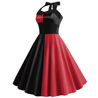 Robe de cosplay Halloween pour femme, imprimée à rayures, longueur midi, noire et rouge, motif poker et clown, costume de performance pour Halloween
