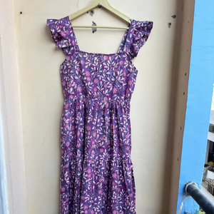 Violet main bloc imprimé mancherons robe en coton imprimé fleuri vêtements d'été femmes sans manches coton robe d'été - Product Image 1