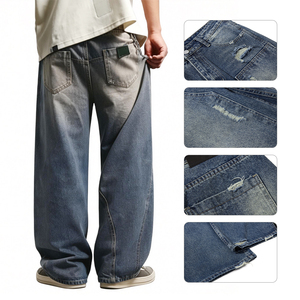 กางเกงยีนส์เดนิมทรงตรงขาดๆ สไตล์ญี่ปุ่น ย้อนยุค แต่งขาดๆ สไตล์สตรีท ทันสมัย ทรงหลวม ขอบดิบ ทรงกลาง สำหรับผู้ชาย - Product Image 2