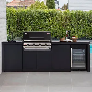 Armoire de cuisine extérieure en acier inoxydable métallique personnalisée pour barbecue extérieur jardin porte en bois ensemble complet d'armoires de cuisine pour barbecue