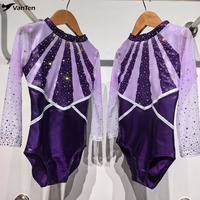 Justaucorps de gymnastique pour filles sur mesure, noir, à manches longues, avec strass, respirant, pour la compétition