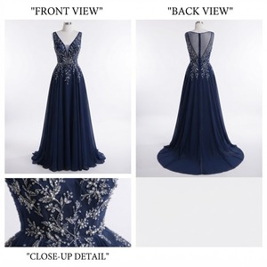 Elegante Vestido Largo de Noche Azul Marino Moderno con Cristales y Perlas, Estilo Línea A, de Lujo, Transpirable y de Alta Calidad - Product Image 3