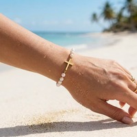 Collier pour pull en acier inoxydable 18K avec pendentif croix et chaîne de clavicule perlée
