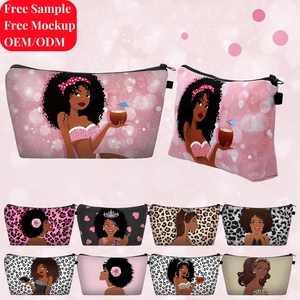 Sac de <span class=keywords><strong>maquillage</strong></span> en toile de coton avec fermeture éclair, imprimé en couleur personnalisée, pour femmes noires africaines et américaines - Product Image 1