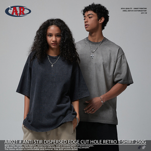 Produttore OEM ODM con Etichetta Privata, T-Shirt da Uomo in 100% Cotone 250GSM con Doppio Colletto, Lavaggio Inverso e Cuciture Sfilacciate - Product Image 3