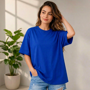 T-shirt décontracté pour femme, coupe ample, col rond, couleur unie, manches courtes, jersey en coton, toutes saisons - Product Image 1