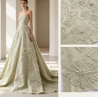 Kain Linen Katun Hijau Muda dengan Bordir Bunga Mutiara & Payet Perak untuk Gaun Pengantin, Gaun Pengiring Pengantin