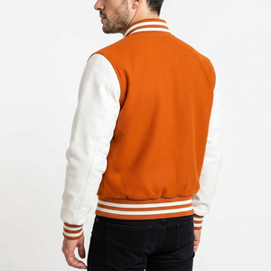 Men's Orange Varsity Jacket With White Sleeves And Stripes Preppy Style Regular Fit Turn-down Collar Single Button Closure - Product Image 4