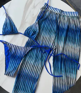 新款库存针织三角顶三件套沙滩装泳衣性感女性设计比基尼套装沙滩裤