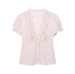 SHENZHU 2026 Nuova <span class=keywords><strong>Camicia</strong></span> Estiva da Donna con Scollo <span class=keywords><strong>a</strong></span> V, <span class=keywords><strong>Maniche</strong></span> <span class=keywords><strong>a</strong></span> Sbuffo e Decorazioni Stratificate, Vestibilità Slim, in Popeline, Manica Corta 4772014 - Product Image 2