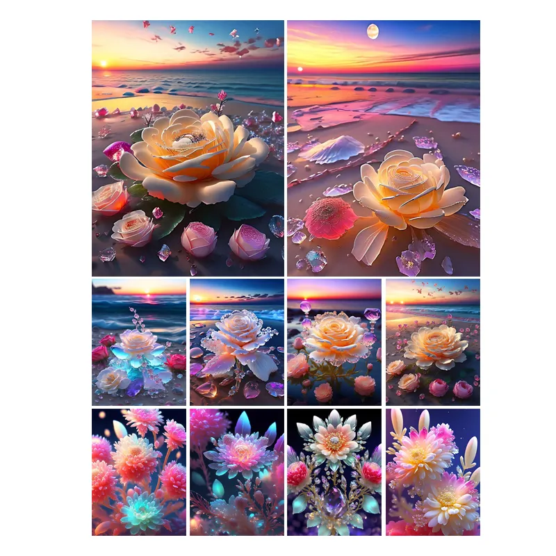 Kit de ponto cruz de mosaico de perfuração completa para pintura de cristal flor 5D DIY veludo bordado fantasia praia paisagem