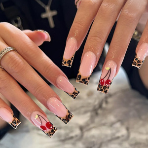 24 <span class=keywords><strong>Uñas</strong></span> Postizas Acrílicas Medianas, Diseño Francés Ballet, Lazo de Leopardo, Cuadradas, Cobertura Total, Estilo Stiletto, Puntas de <span class=keywords><strong>Uñas</strong></span> a Presión, Logotipo Personalizado - Product Image 4