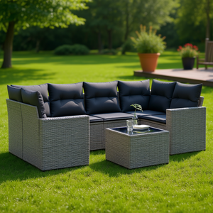 <b>Grey</b> Pe Rattan Garden Sofa Set 6 Seater Outdoor Furniture Contemporary Design Steel <b>Frame</b> Tempered Glass Table - Product Image 2