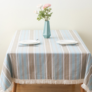 Beautiful <strong>Stripes</strong> Blue <strong>White</strong> with Tassels Fabric <strong>Table</strong> Decor Rustic Cotton Washable Printed Tablecloth for Wedding Party - Product Image 3