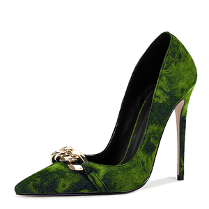 Escarpins pour femme à talons aiguilles, grande taille 47, avec chaîne métallique décorative, pour pieds larges, en jean tie-dye, pour soirée - Product Image 2