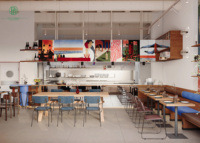 Design d'intérieur de restaurant sur le thème de l'art, plafond ouvert, bistro, salle à manger, bar, restauration commerciale
