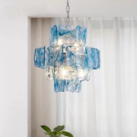 Lustre moderne de luxe à plusieurs niveaux en verre bleu artistique, luminaire suspendu rond en laiton doré Art Déco pour la décoration du salon et de la salle à manger