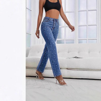 Site Web indépendant euro-américain pour le commerce transfrontalier : Jean en denim délavé mi-ancien, perlé, coupe droite, coupe classique, pour femme, collection hiver