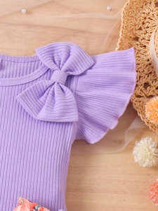 Completo estivo da <span class=keywords><strong>bambina</strong></span> 9M-3Y, viola, con fiocco, lavorato a maglia, maniche a volant, motivo floreale, pantaloncini corti, set di due pezzi. - Product Image 5