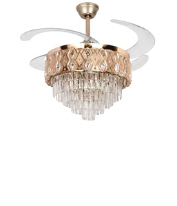 Ventilateur de plafond LED en cristal doré design avec pales rétractables, télécommande, lumière silencieuse, style lustre pour la décoration intérieure - Product Image 1