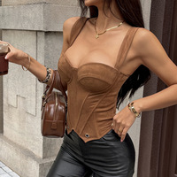 Top d'été en daim pour femmes 2026, bretelles spaghetti, dos nu, col en V, basique, marron, camisole sans manches, corset de mujer, tops en gros