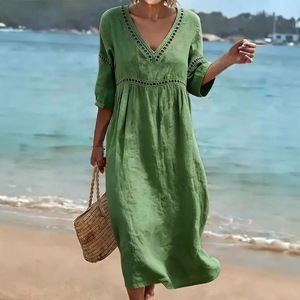 Abito lungo da donna in cotone plissettato a maniche a <span class=keywords><strong>tre</strong></span> <span class=keywords><strong>quarti</strong></span>, tinta unita, scollo a V, elegante e casual, nuova collezione Primavera/Estate 2026 - Product Image 4