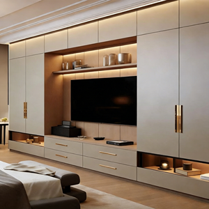 Armoire sur mesure en bois massif du sol au plafond avec support TV, ensemble de meubles de chambre à coucher moderne et minimaliste, Garde-robe - Product Image 1