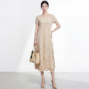 Vestido Midi Plisado con Cuello Romántico para Mujer, Color Sólido, Tejido de Poliéster Transpirable y Lavable, Manga Corta, Elegante y Elástico - Product Image 4