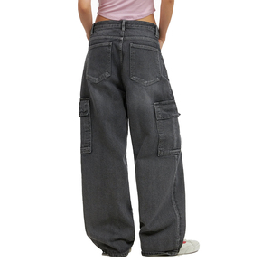 Pantalones vaqueros de cintura baja personalizados <span class=keywords><strong>para</strong></span> <span class=keywords><strong>mujer</strong></span>, talla XXL, pantalones vaqueros de pierna ancha lavados grises con costuras delanteras <span class=keywords><strong>para</strong></span> novio, <span class=keywords><strong>ropa</strong></span> de <span class=keywords><strong>mujer</strong></span> de talla grande, pantalones vaqueros Cargo - Product Image 6