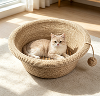Lit pour chat rond classique XL avec nid en liège durable et écoresponsable, corde de chanvre, rembourrage en coton, couvercle amovible pour chats d'intérieur - Utilisation toutes saisons