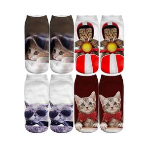 Kaus kaki pendek wanita, grosir pola kucing 3D lucu bercetak poliester seluruh bagian - Product Image 1