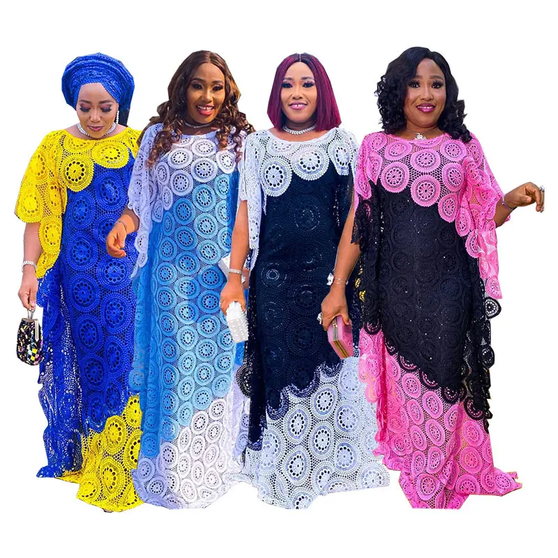 African women's wear free size embroidered lace dress color matching loose bat sleeve gown long skirt with inner dress