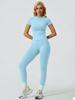 Ensemble de yoga deux pièces pour femme, séchage rapide, taille haute, effet push-up, manches courtes, pantalon long, extensible, pour Pilates, fitness et sport