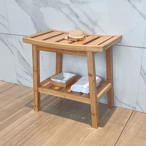 工場カスタムデザイン木製チークシャワーベンチ浴室用スツール防水竹製シャワースツール - Product Image 3