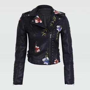 جاكيت نسائي من JANVENY الأكثر مبيعًا بتصميم عتيق مع نقش زهري وتطريز، مصنوع من الجلد الصناعي الناعم مع ياقة قابلة للطي وسحاب ومسامير، بتصميم راكبي الدراجات النارية والبانك - Product Image 4